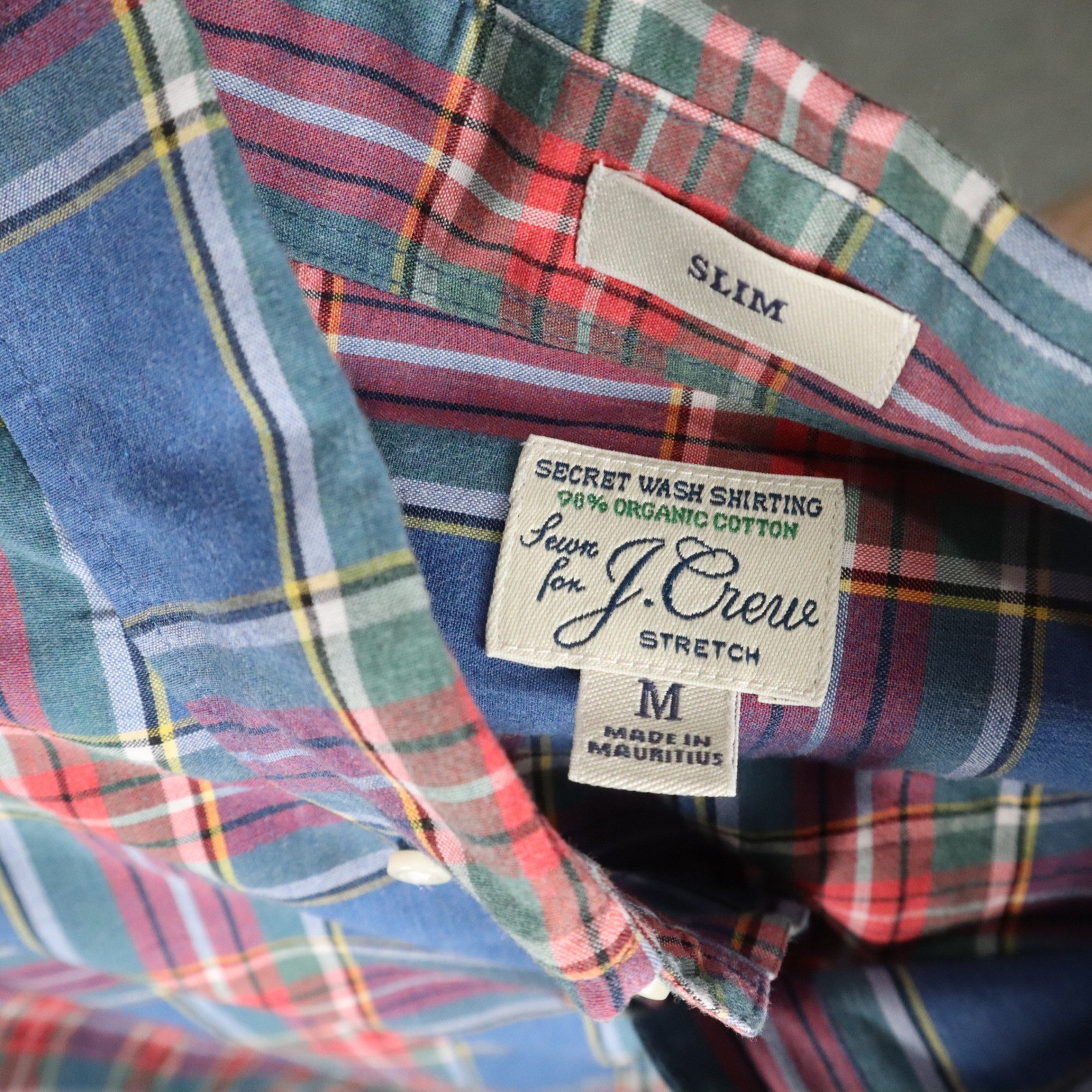 J.Crew Secret Wash Organic Cotton Blue Red Plaid Shirt M Slim Fit Mauritius