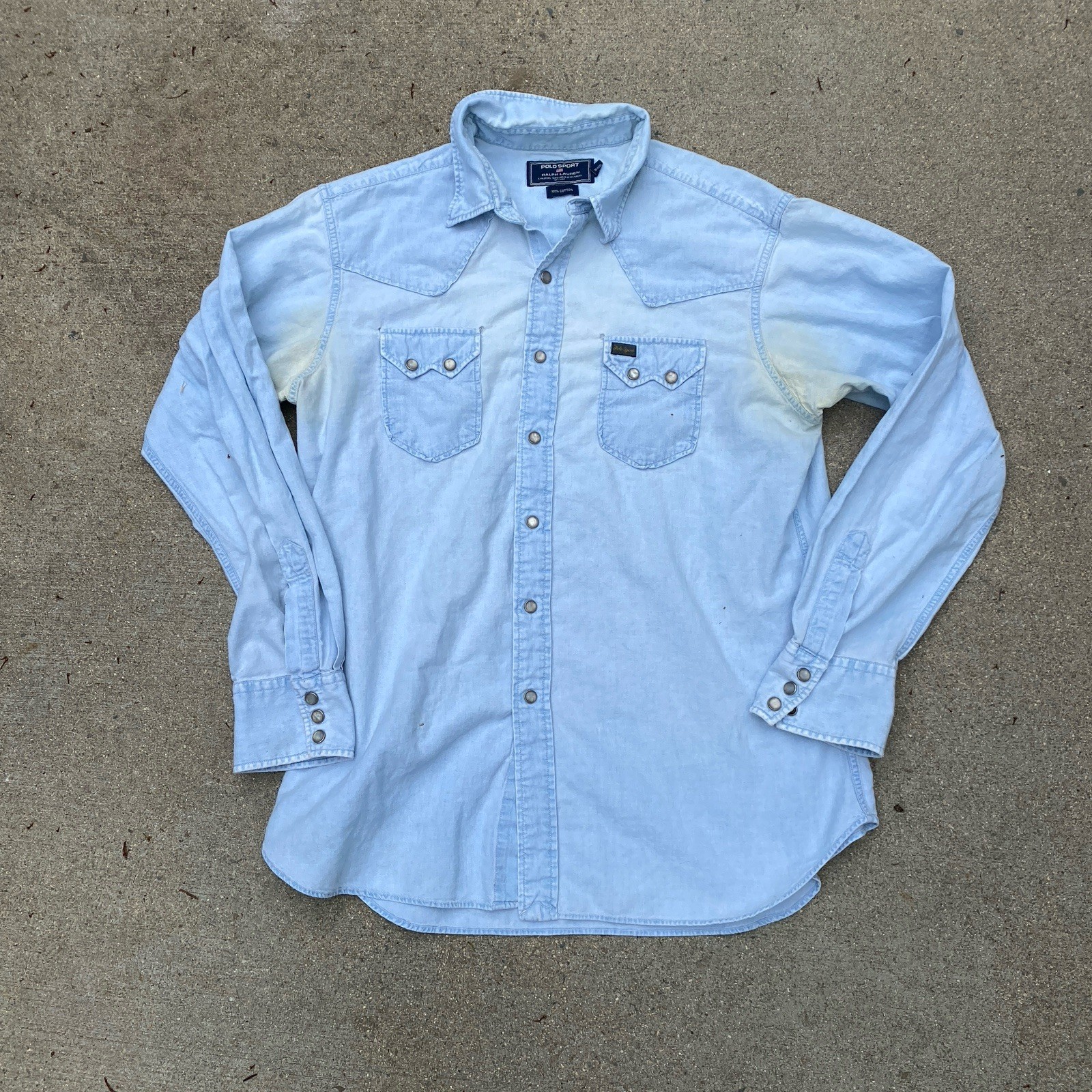Polo Sport Denim Sawtooth Western Shirt Large Pearl Snap Distressed Light Wash
