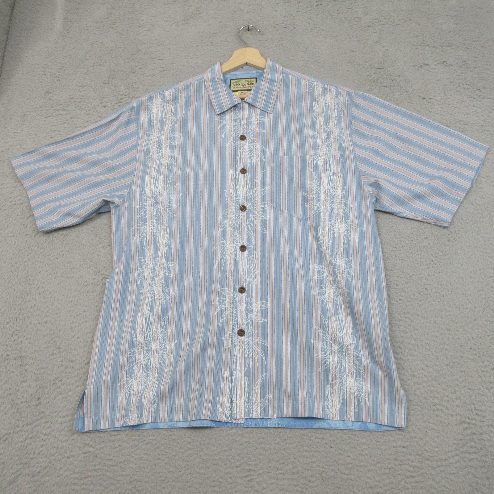 Jamaica Jaxx Hawaiian Shirt Mens Medium Blue Stripe Silk Tropical Button Front