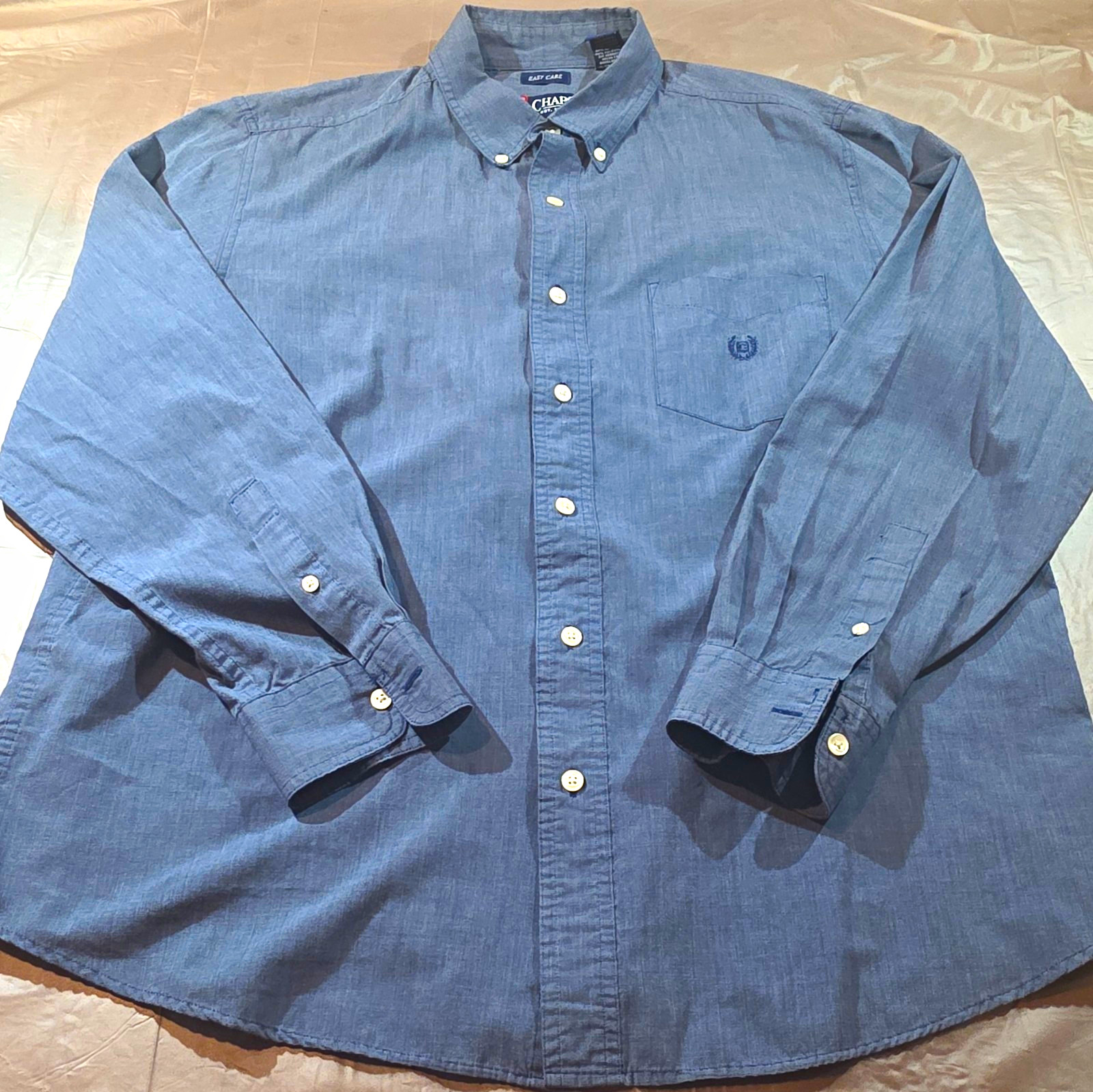 Chaps Men’s Solid Blue Chambray Button-Down Button-Up Shirt – Large