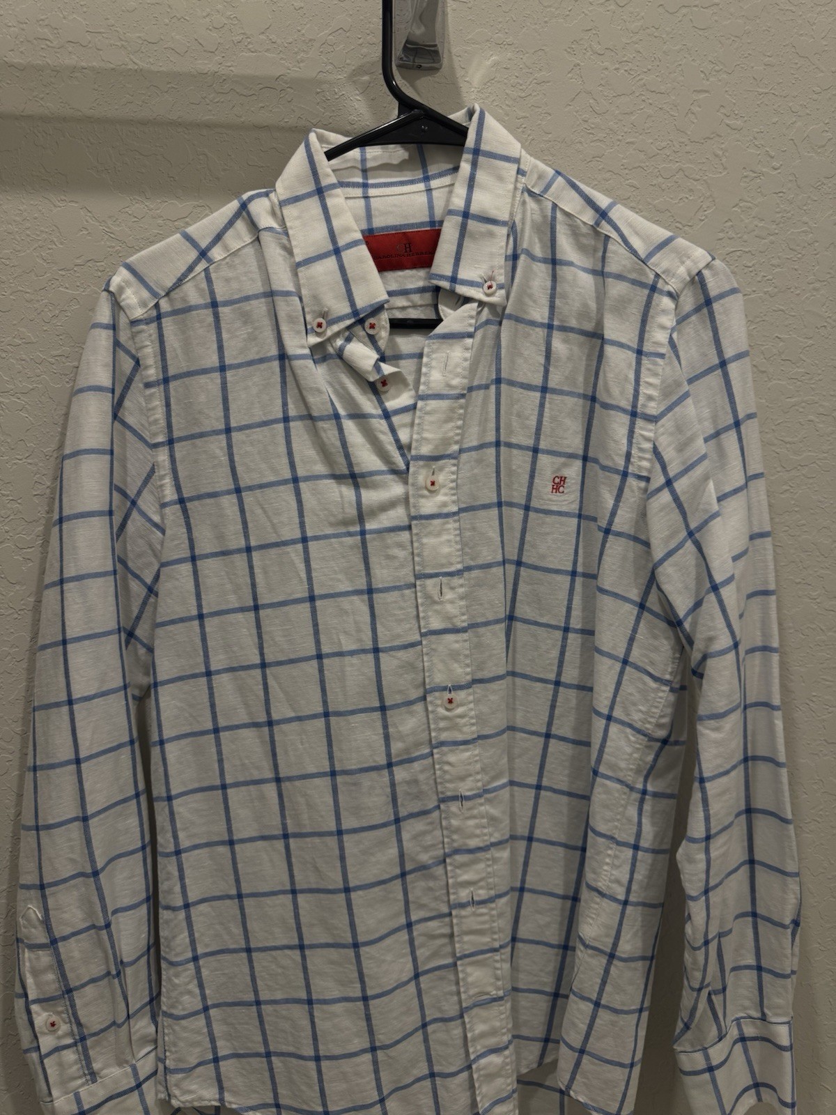 Carolina Herrera Men’s White/Blue Check Button-Down Long Sleeve Shirt Size 15