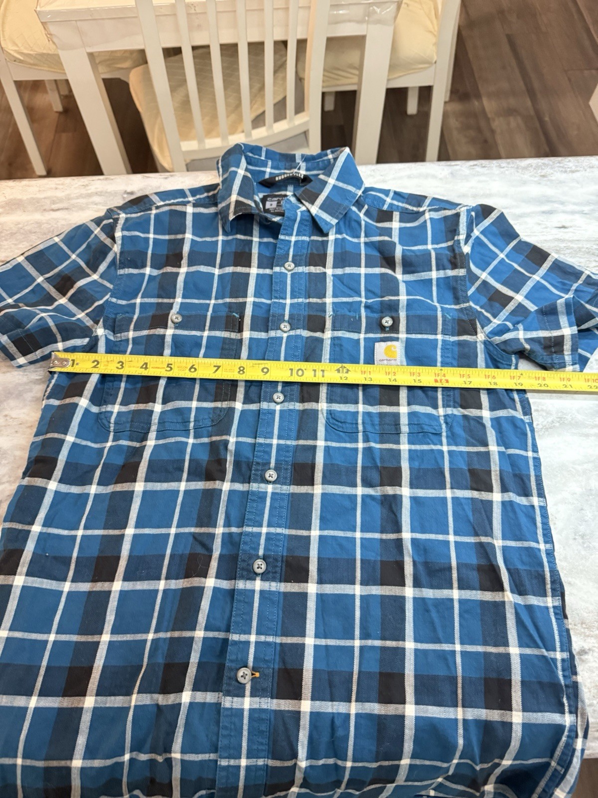 Carhartt Shirt Men’s Size Small Short Sleeve Rugged Flex Flannel Blue Plaid EUC