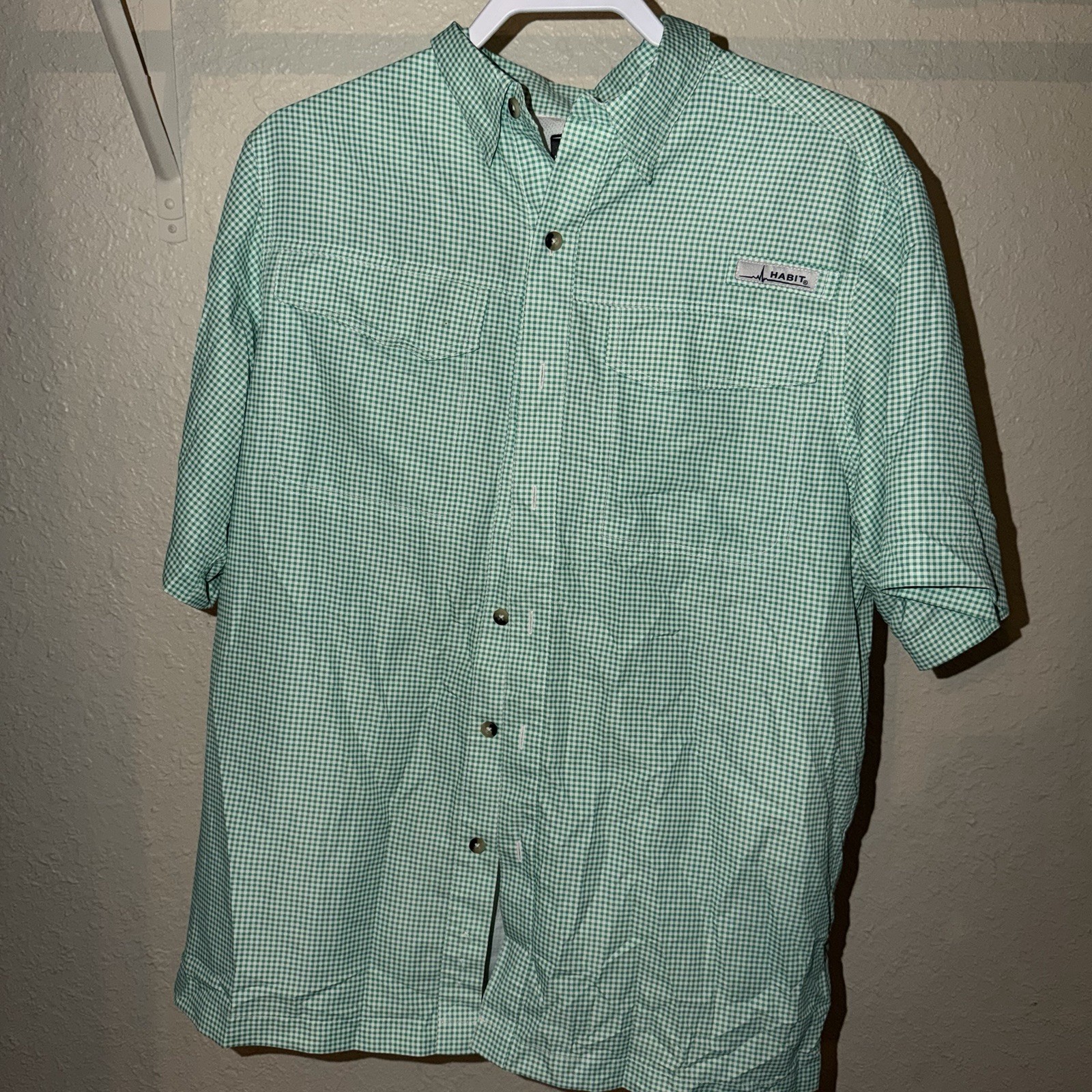 HABIT Men’s M Green White Check Short Sleeve Button-Up Shirt Pockets UV