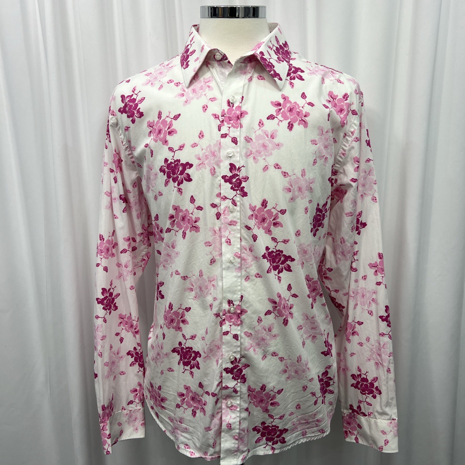 Jeff Banks Men’s White & Pink Floral Shirt – Pure Cotton – Long Sleeve – 48”