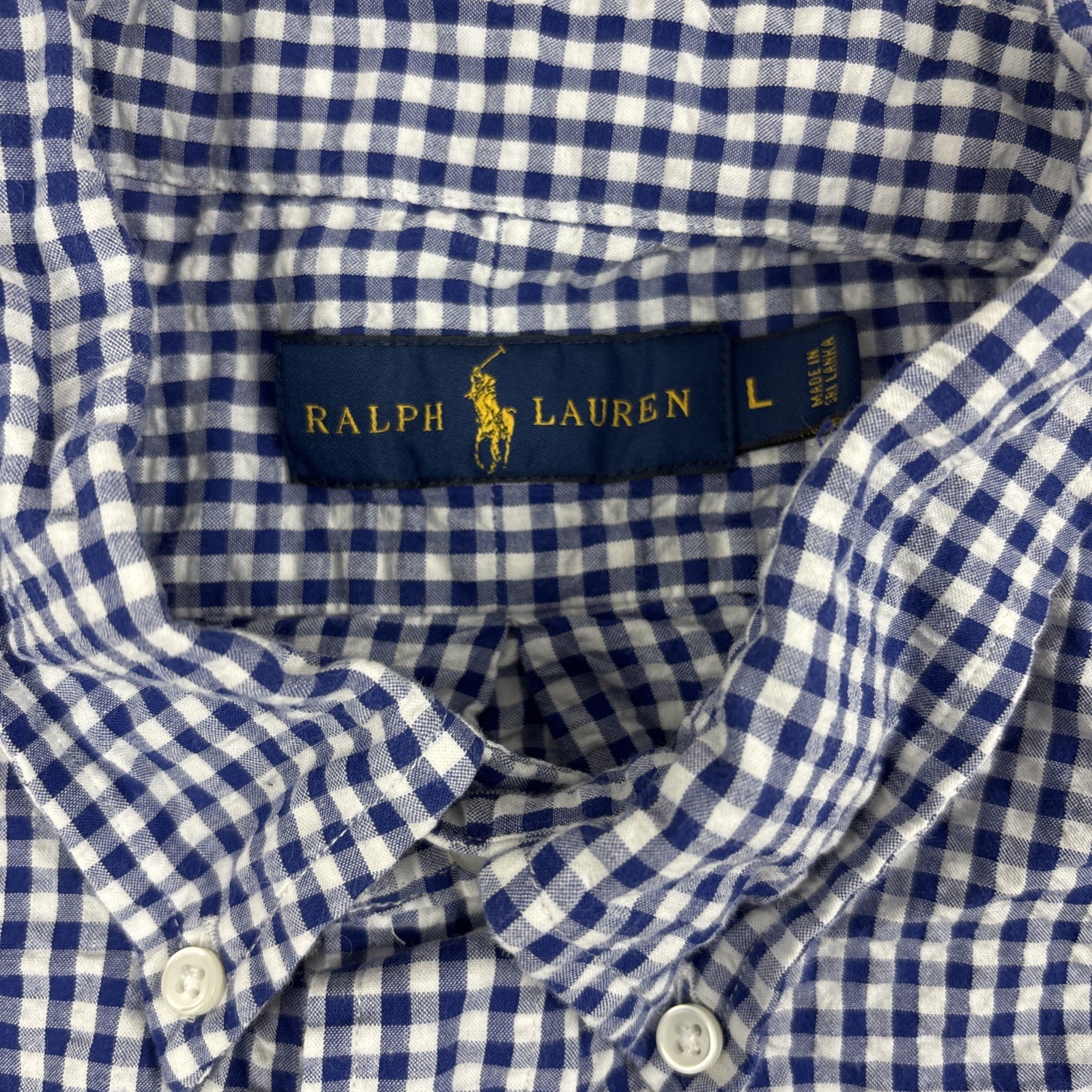 Polo Ralph Lauren Button Down Shirt Large Blue Gingham Seersucker Orange Pony