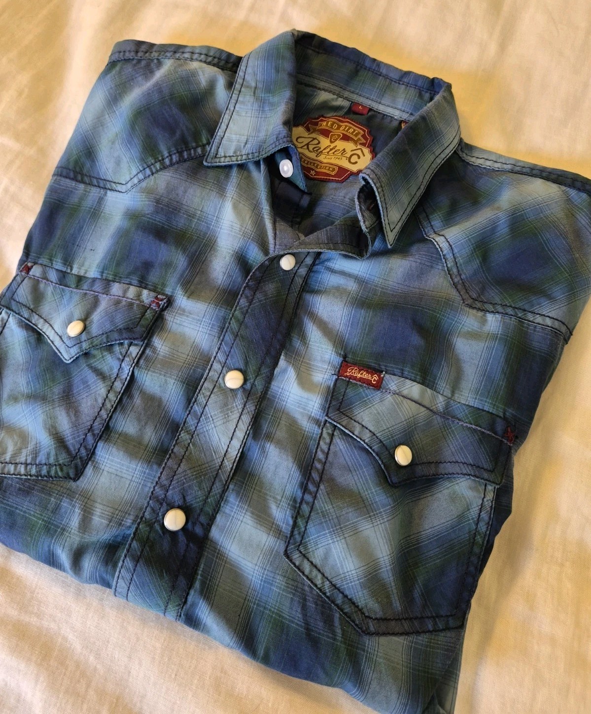 Rafter C Red Dirt Collection Pearl Snap Shirt Men’s Size L Blue Plaid