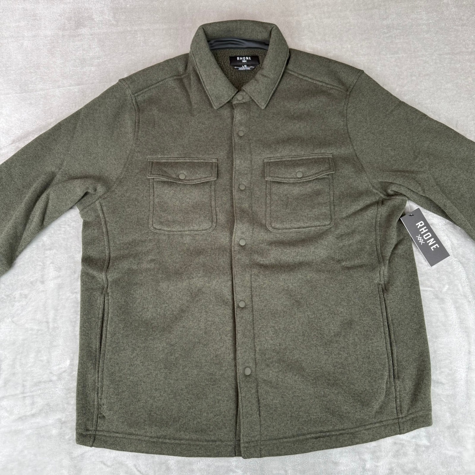Rhone Fleece Shacket Mens Large Dark Moss Flap Pockets Snap Soft Warm $168 NWT