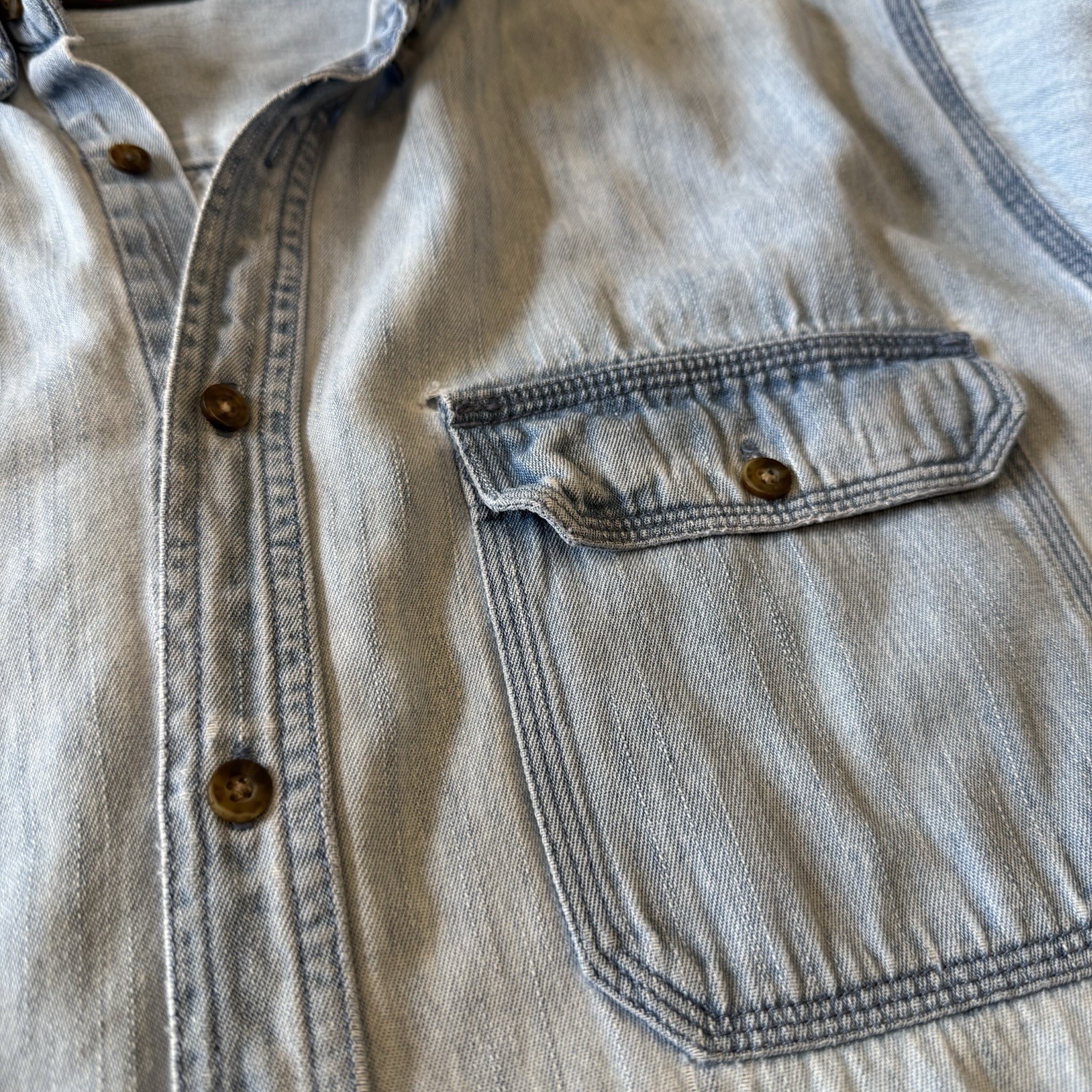 VTG Distressed Denim Button Up Shirt Short Sleeve Light Blue Wash Faded Glory L