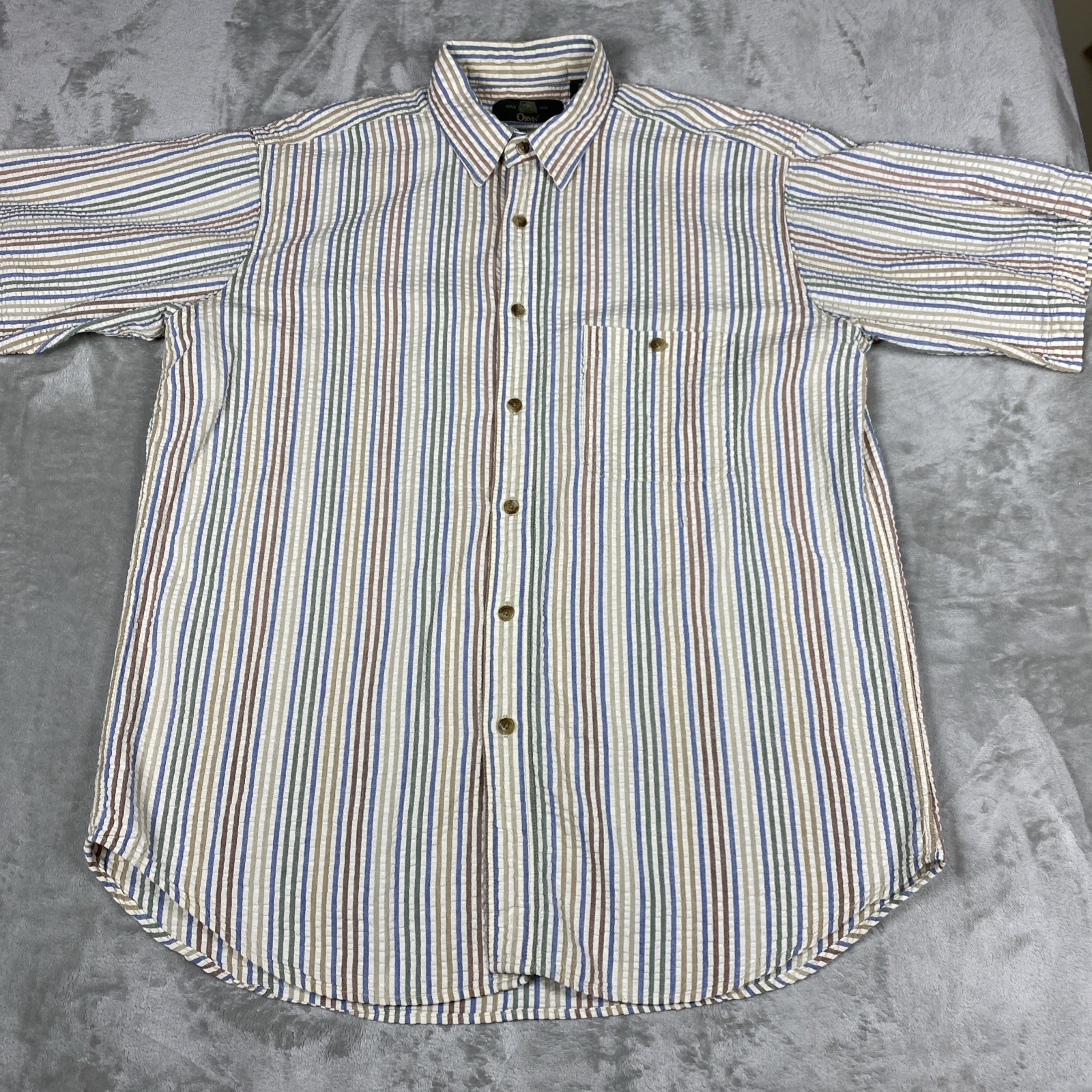 Orvis Men’s Large Seersucker Button Front Shirt Multicolor Stripe Cotton