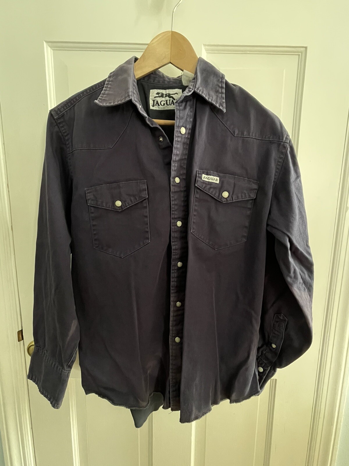Jaguar Pearl Snap Button Up Canvas Blue Distressed Work Shirt Men’s Medium Vin