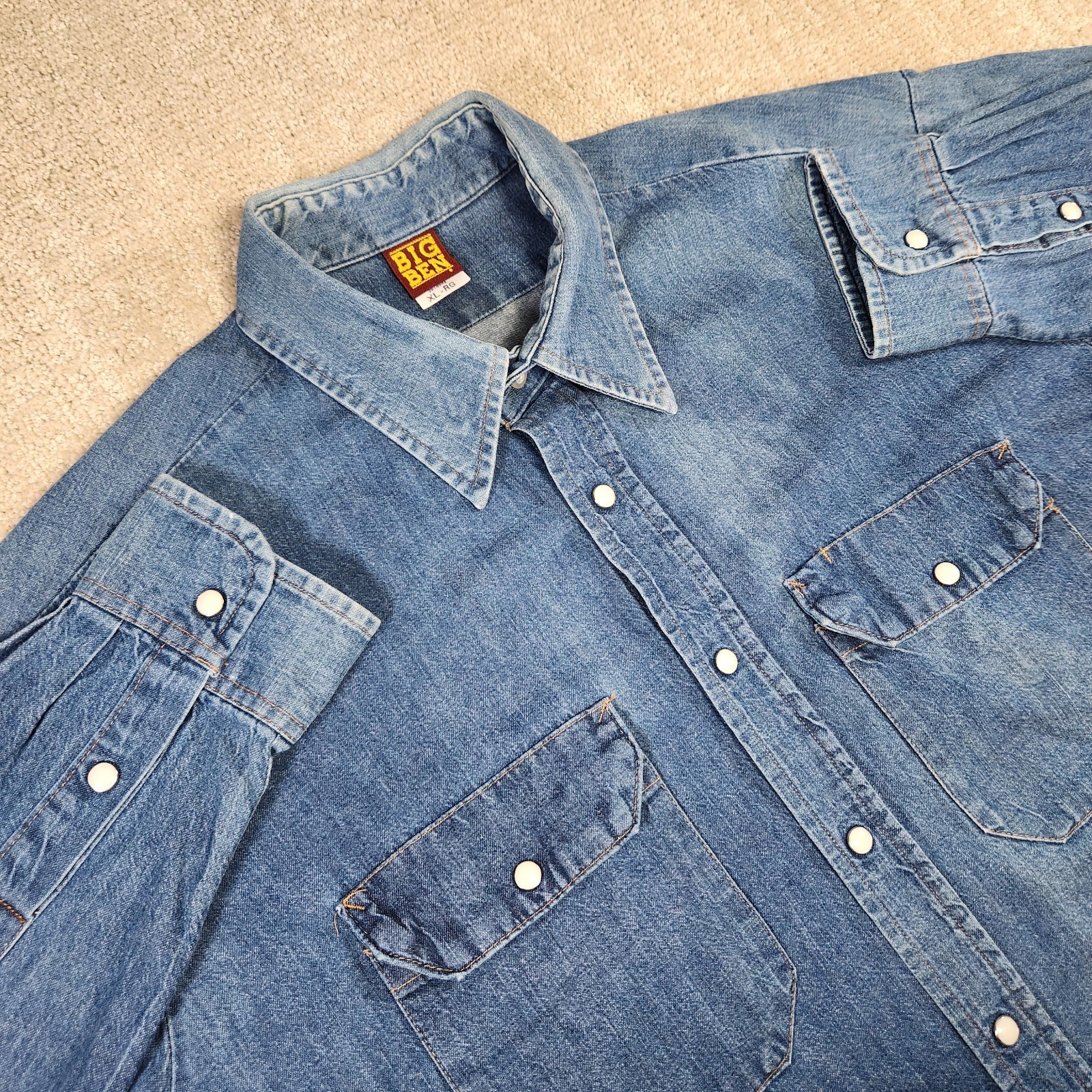 Vintage Big Ben Denim Pearl Snap Shirt Men XL Faded Button Cotton Western Blue