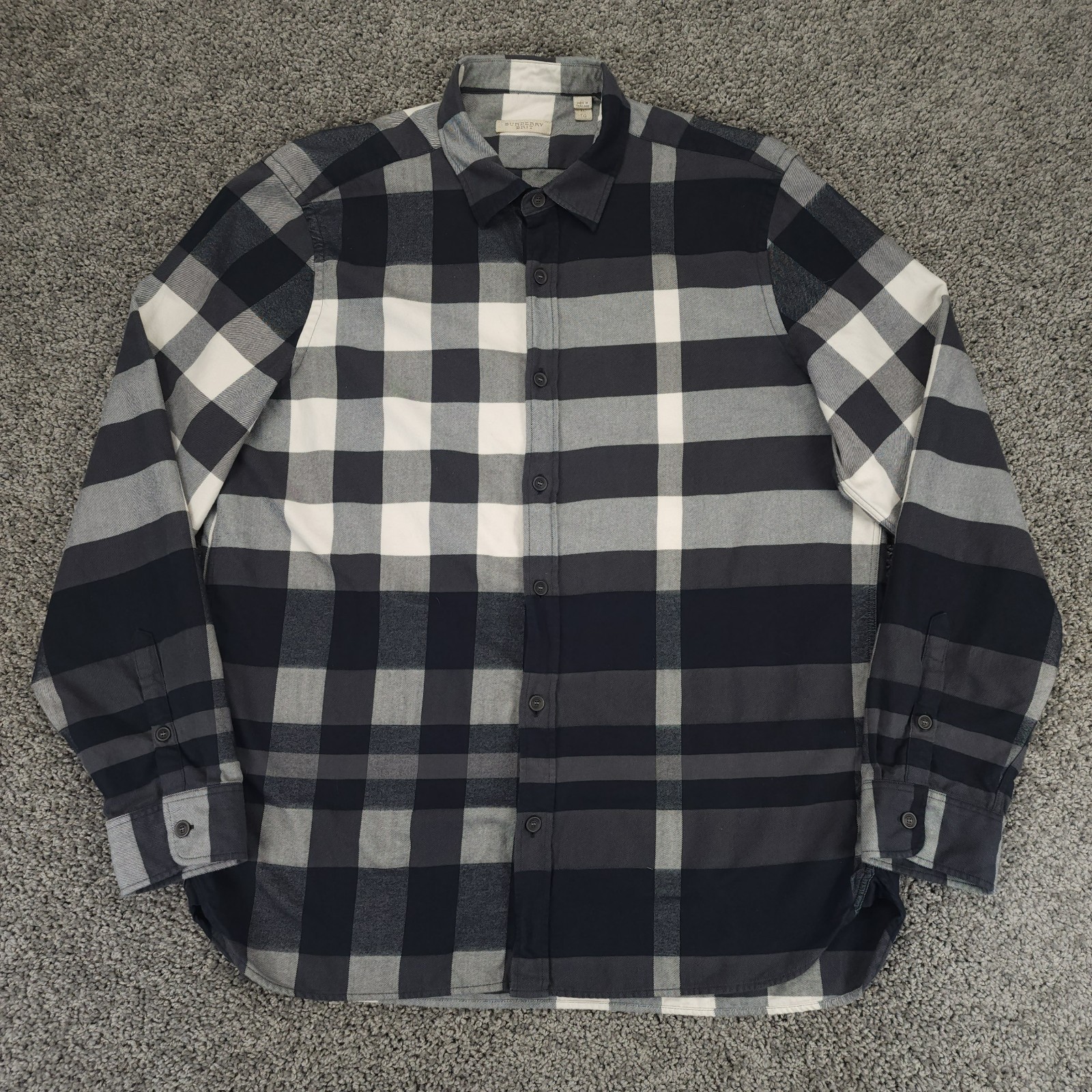 Burberry Brit Shirt Mens XL Black Gray Oversized Nova Check Plaid Long Sleeve