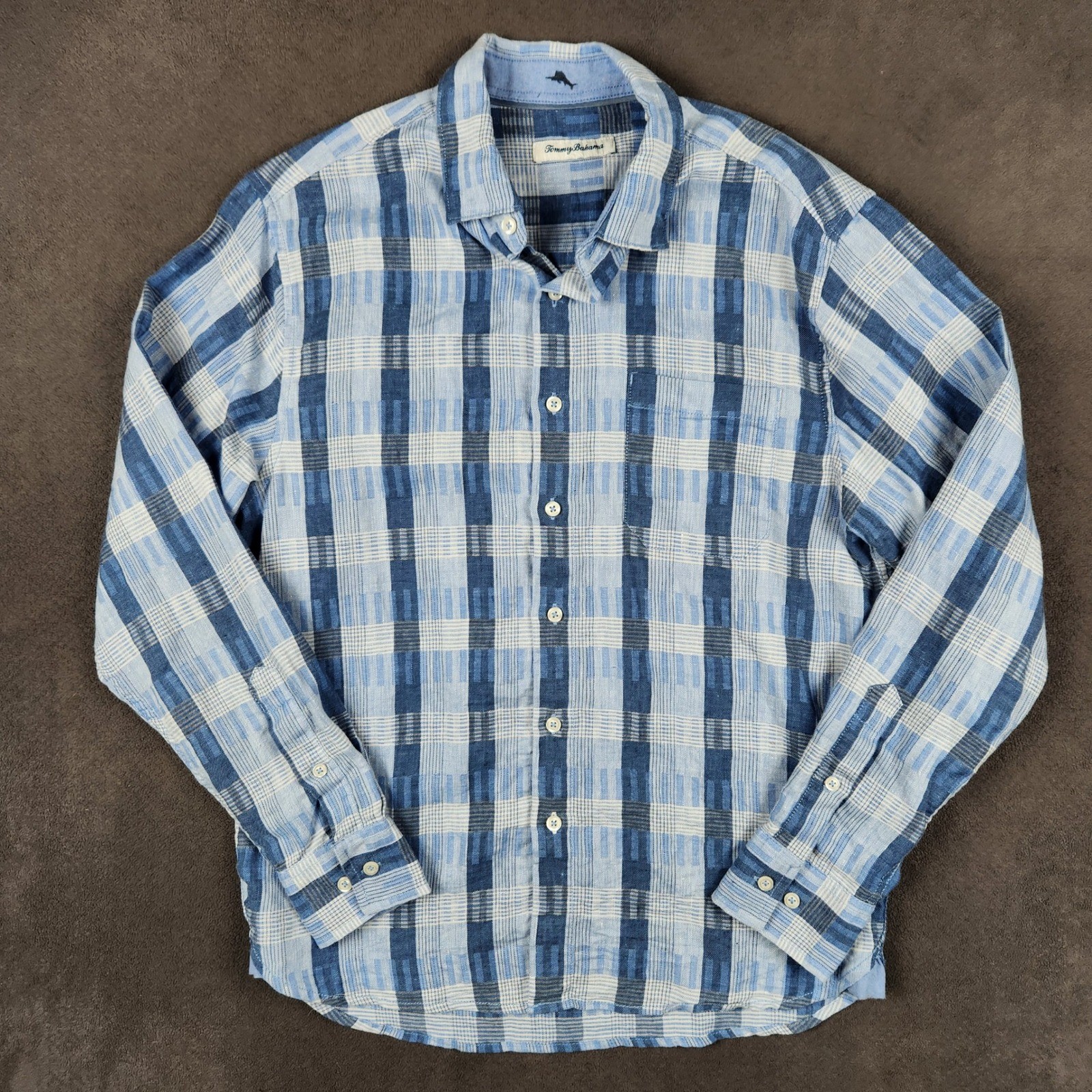 Tommy Bahama Shirt Mens Small Blue Plaid Woven Linen Blend Long Sleeve Button Up