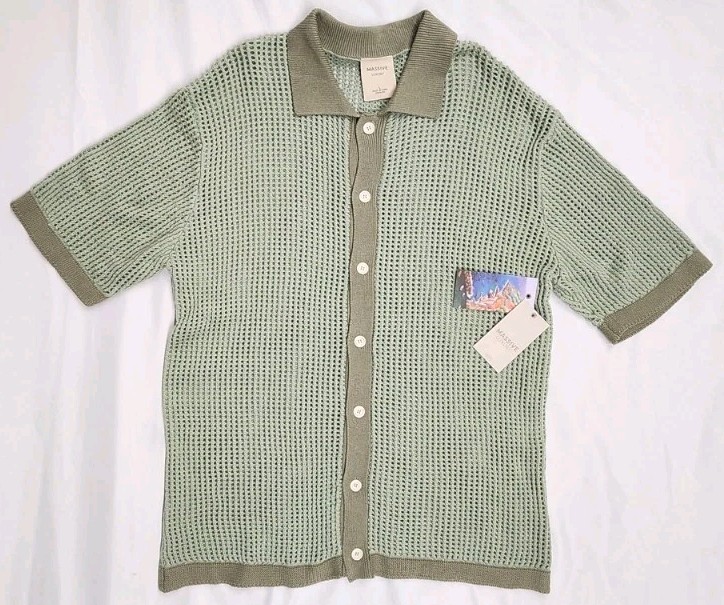 Massive Luxury NYC Woven Crochet Shirt Soft Green S/S Mens Size Large
