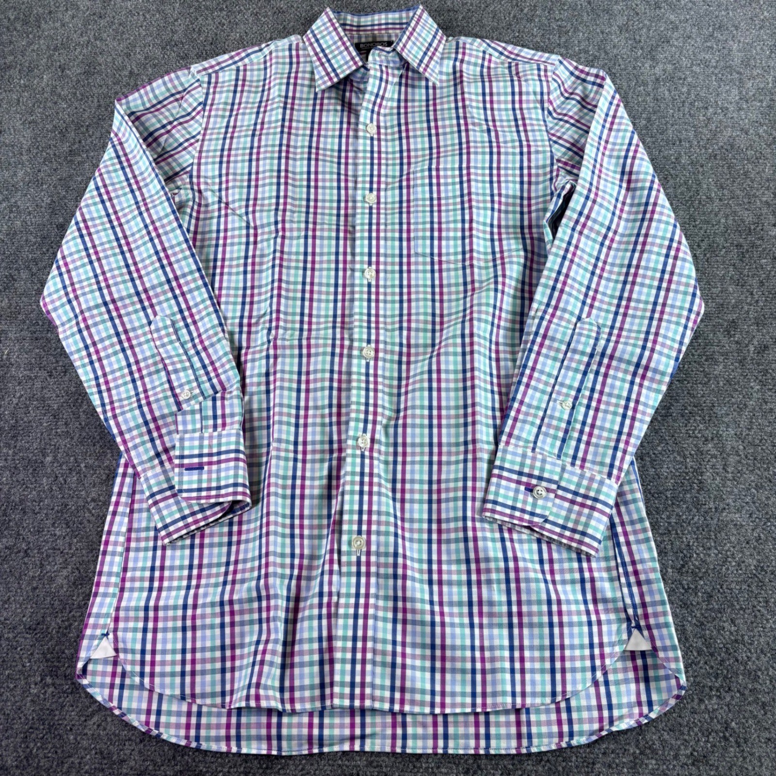 Bonobos Button Down Mens 15/33 Purple Teal Plaid Slim Fit Wrinkle-Free Shirt