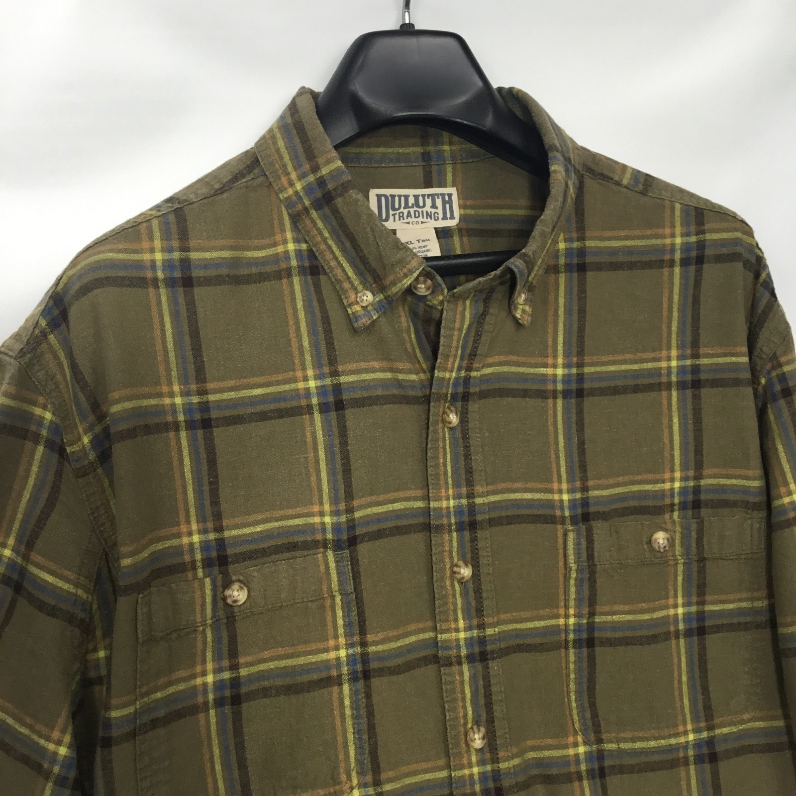 Duluth Mens Hemp Organic Cotton Shirt XLT Green Tattersall Short Sleeve Relaxed