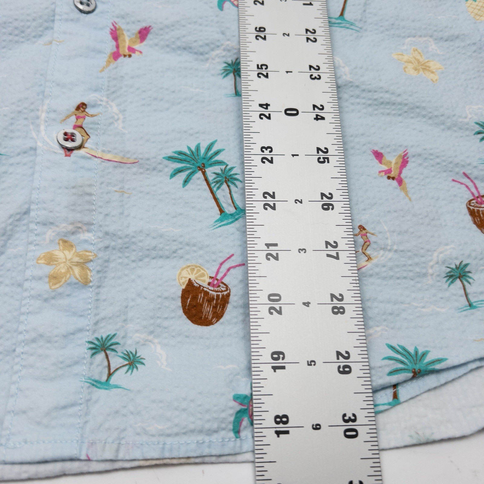 Tommy Bahama Shirt Mens XL Blue Nova Wave Seersucker Short Sleeve Tropical Print