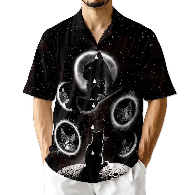 Black Cat Moon Gothic Halloween Hawaiian Shirt Spooky Party Casual
