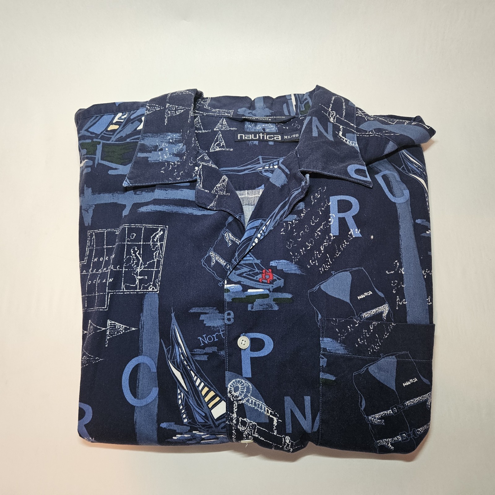 Nautica Mens Button Down Short Sleeve Casual Shirt XL/TG Blue Button Up Shirt