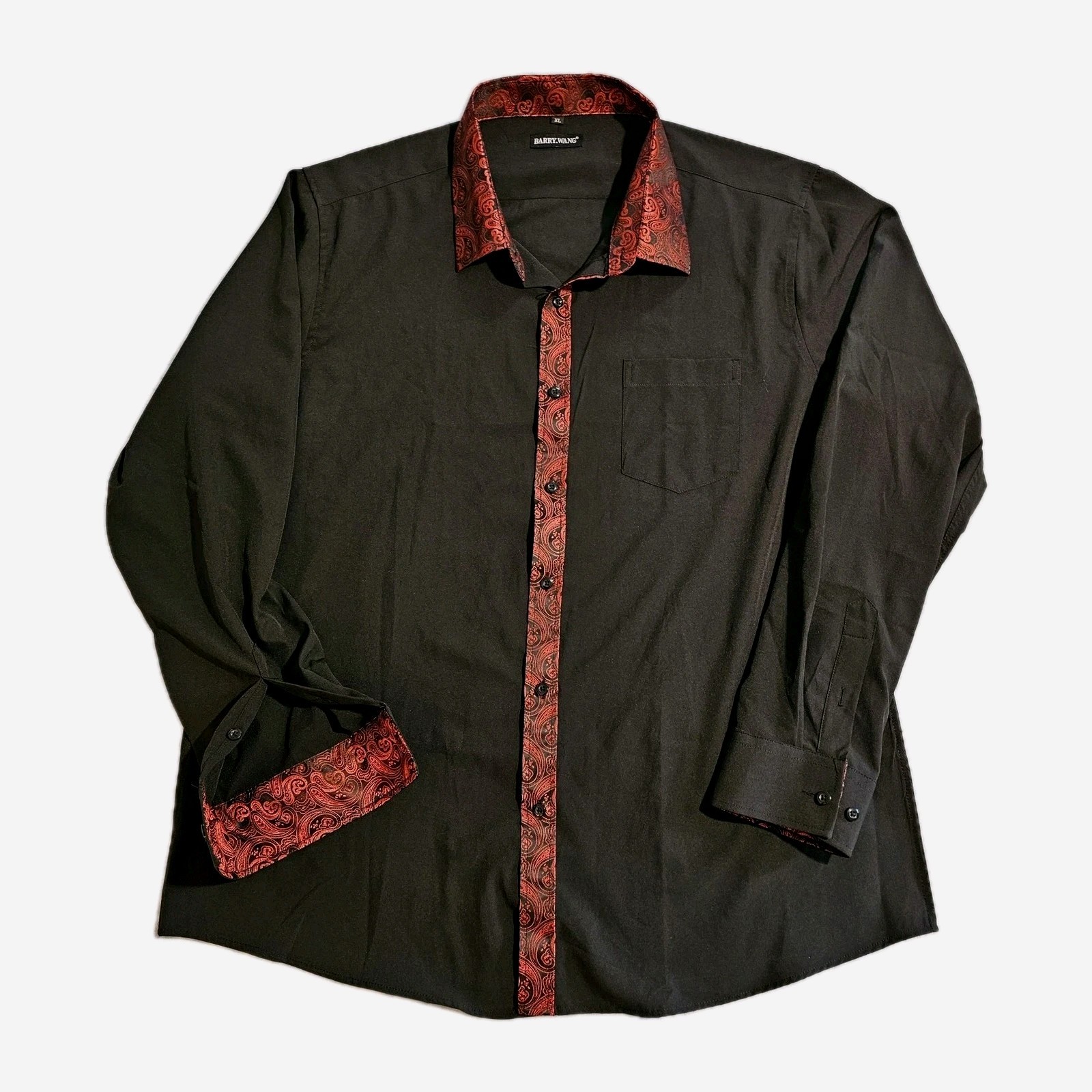 Barry Wang Fitted Long Sleeve Black Shirt with Red Paisley Acents XL Men’s NWT