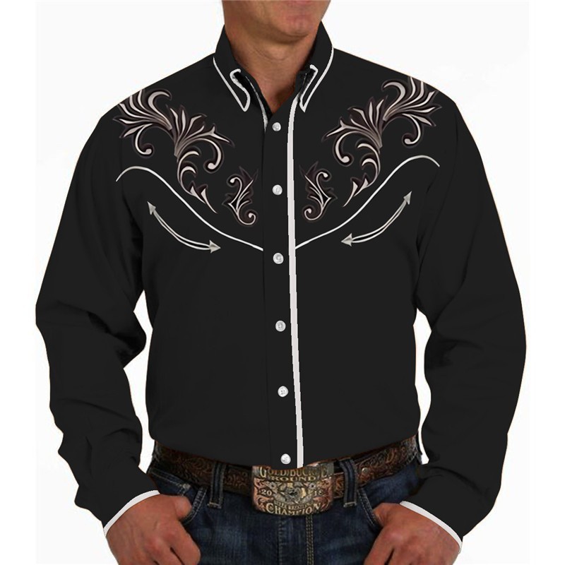 Men’s Western Cowboy Shirt Long Sleeve Retro Printing Casual Buttons Down Shirts
