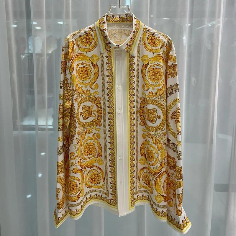 Button Down Shirt Men Fashion Yellow and White Summer Long Sleeve Casual Shirts