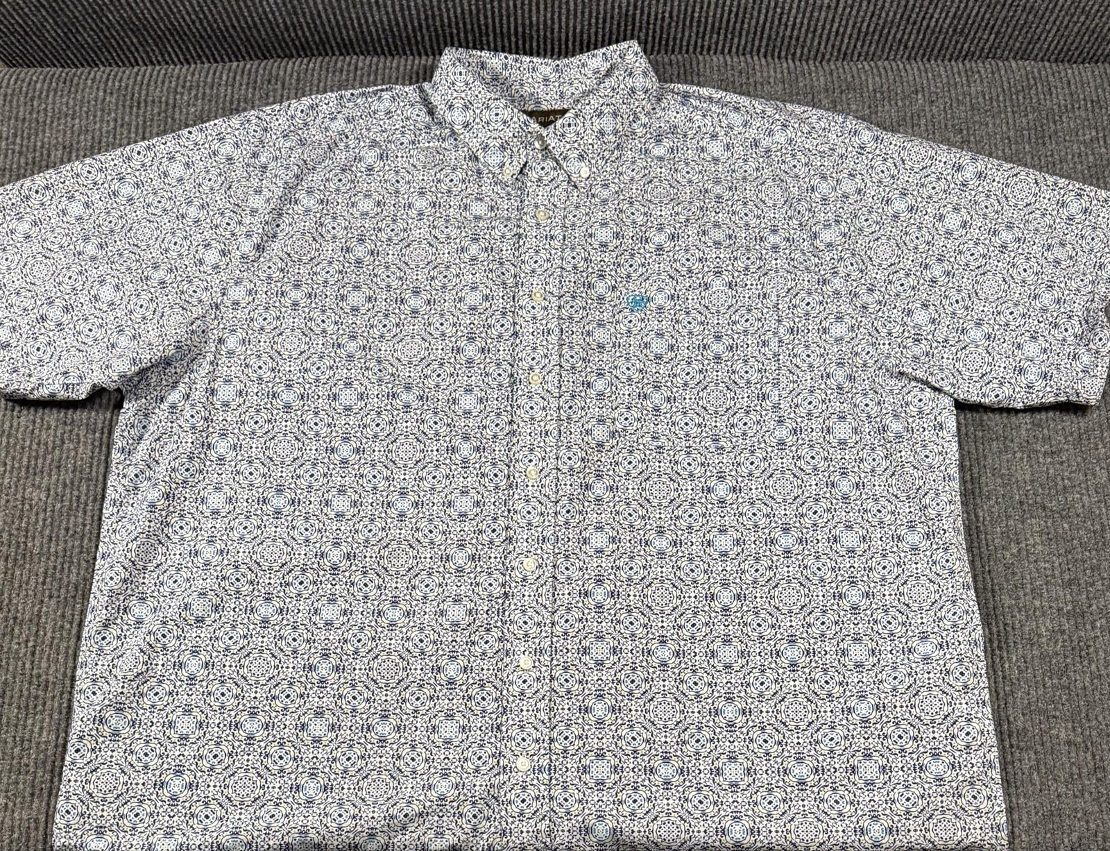 Ariat Shirt Mens 2XL Geometric Print Short Sleeve Button Up Casual Western Blue