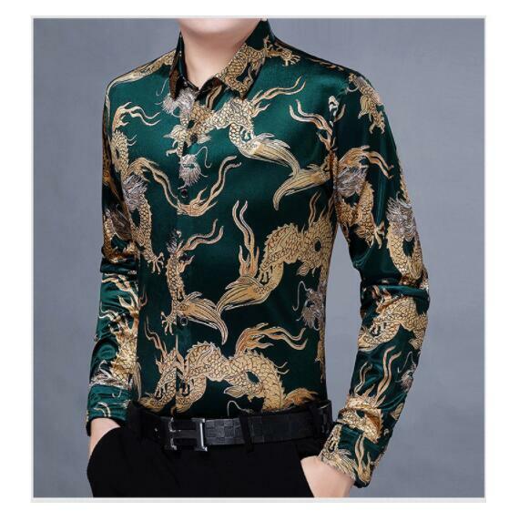 Men Velvet Dragon Printing Long Sleeve Dress Shirts Business Collared Basic Tops
