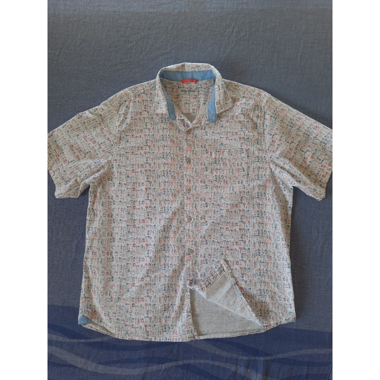Tommy Bahama Nova Wave Mens Large Cocktail Print Seersucker Button Down Shirt
