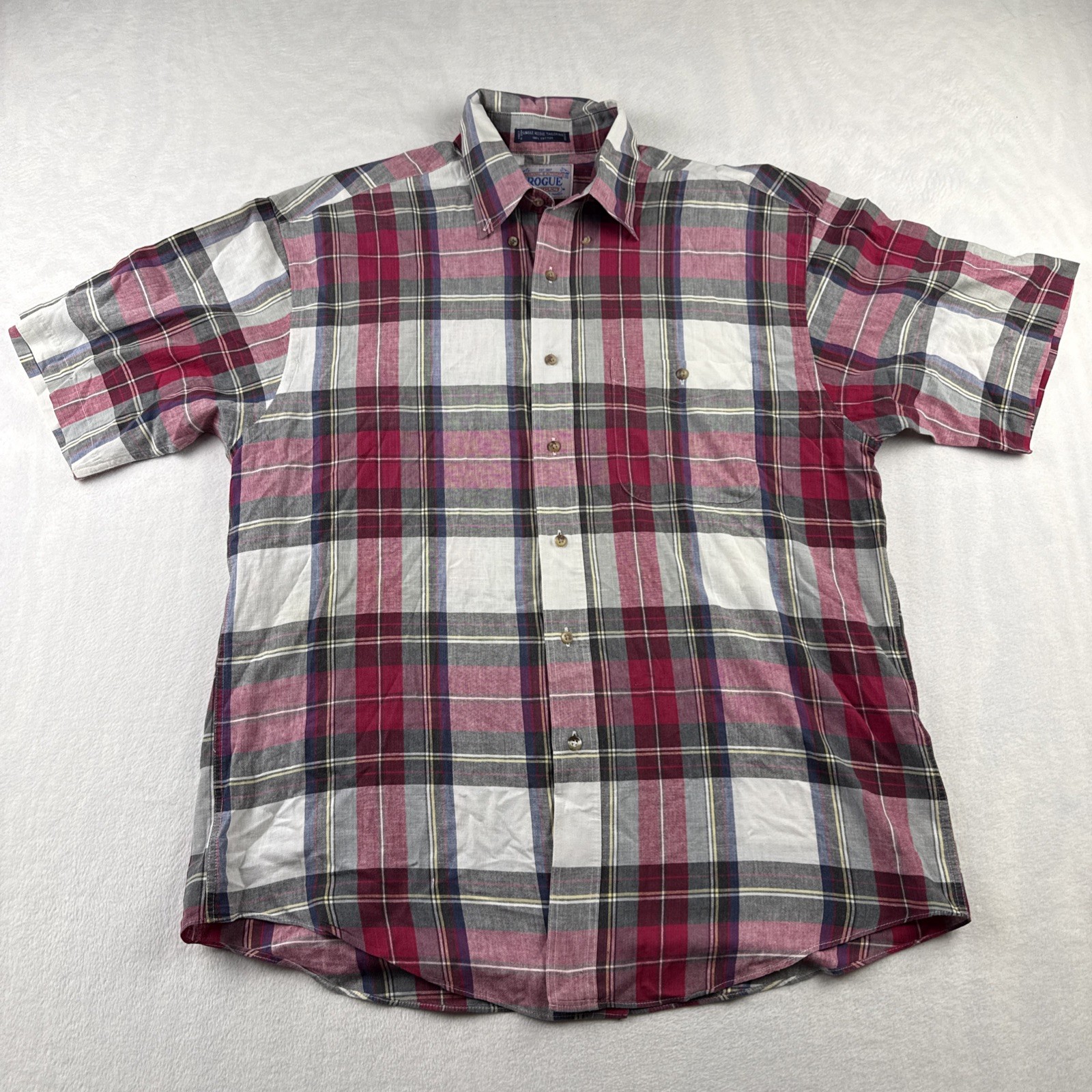 Rogue Button Plaid Shirt Size L Large Plaid Red White Gray Short Sleeve Cotton