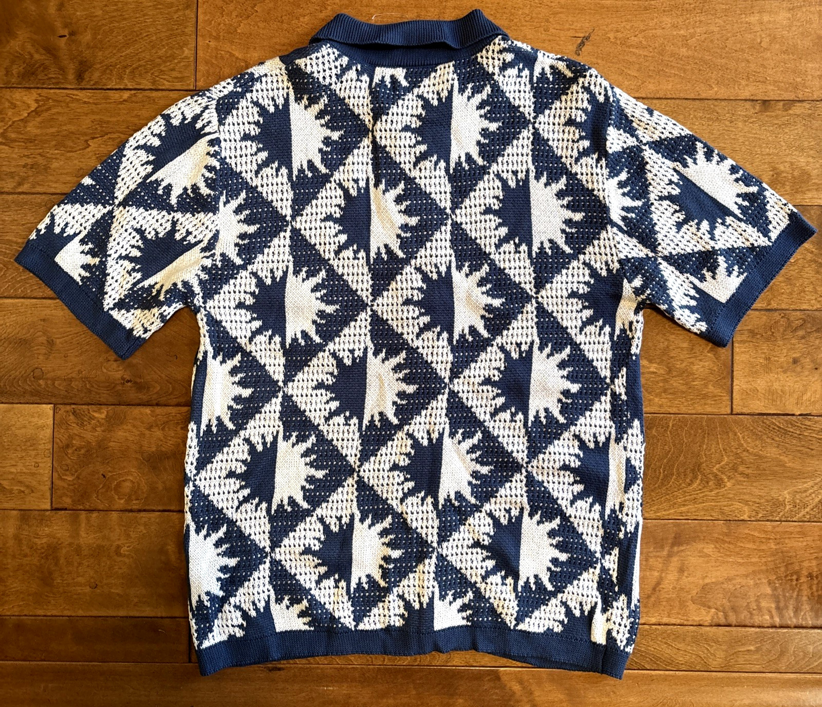 Massive Luxury Men Sweater Blue Crochet Knit Polo Shirt Button Sz L NWOT