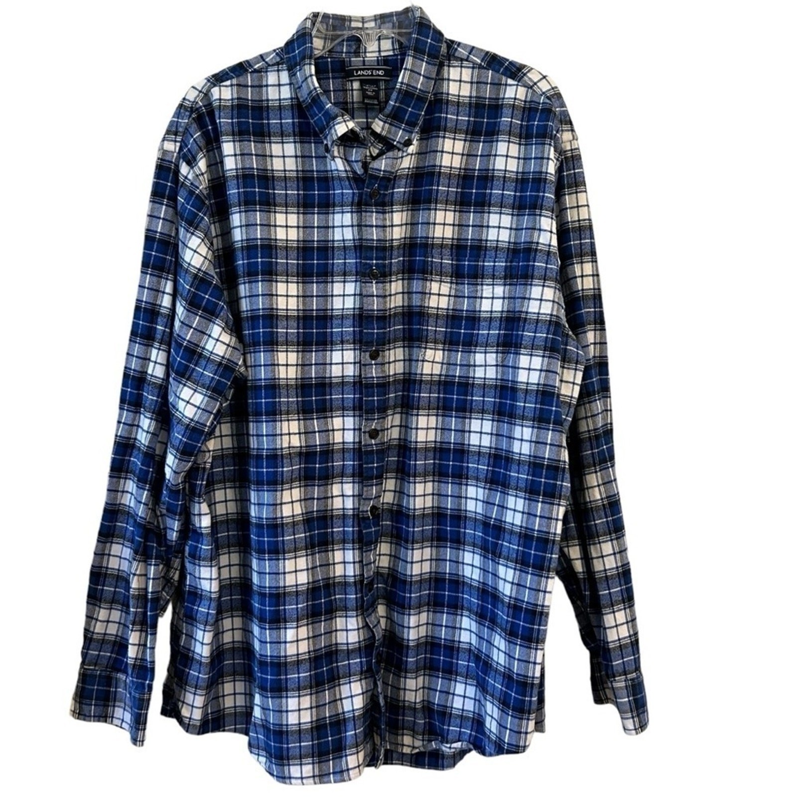 Lands’ End Men’s XXL Tall 18-18 1/2 Traditional Fit Blue White Button Down Plaid