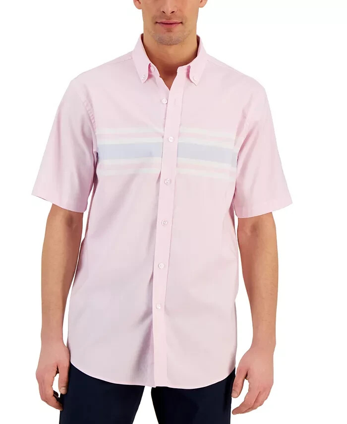 Club Room Men’s Short-Sleeve Chest Stripe Shirt, Pink Combo, XXL