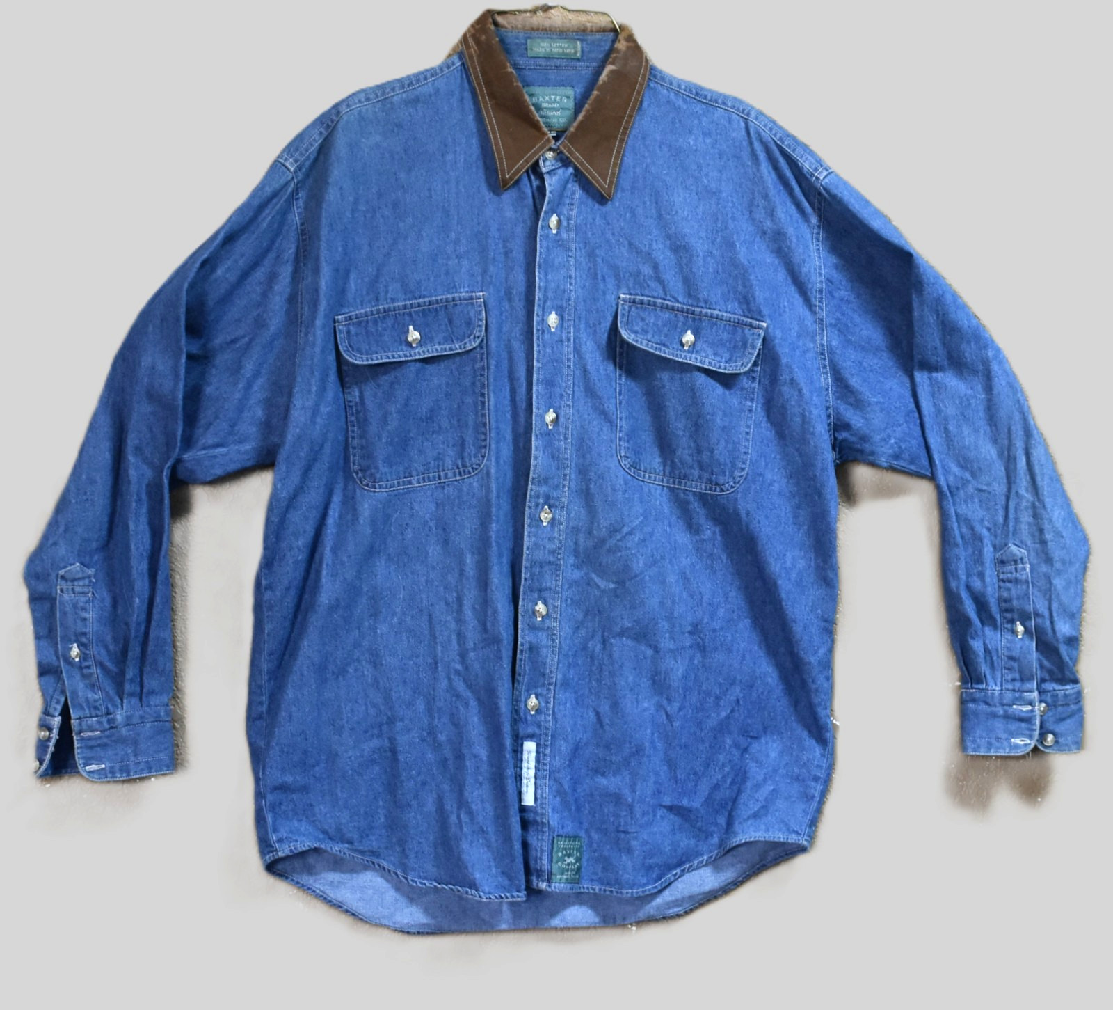 Vtg Denim Men Medium Distressed Suede Collar Button Up Grunge Work Chore Shirt