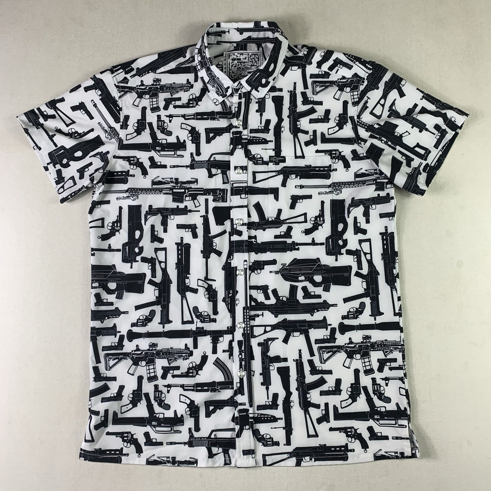 Retro Rifle The Arsenal Shirt Mens Large Black White Stretch Guns AOP Hawaiian