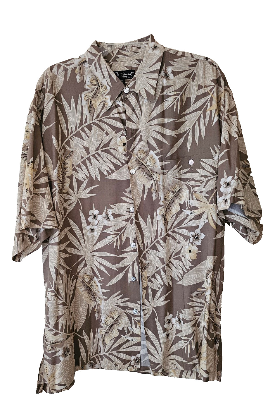 Tori Richard Quality Men’s Hawaiian Shirt, Signataure Buttons, Mocha & Beige, L