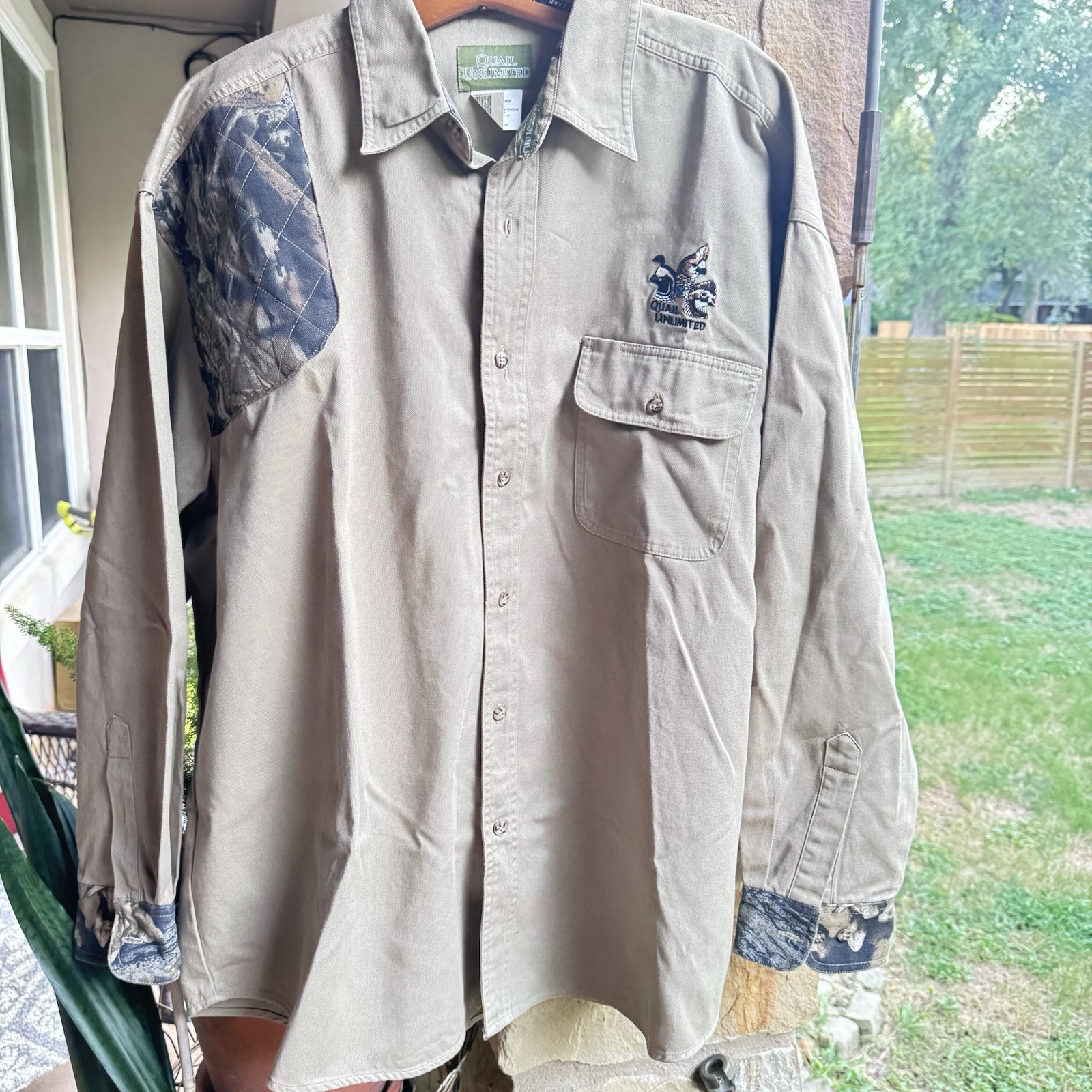 Quail Unlimited Mens Sz XL Long Sleeve Hunting Shirt Embroidered Canvas Khaki