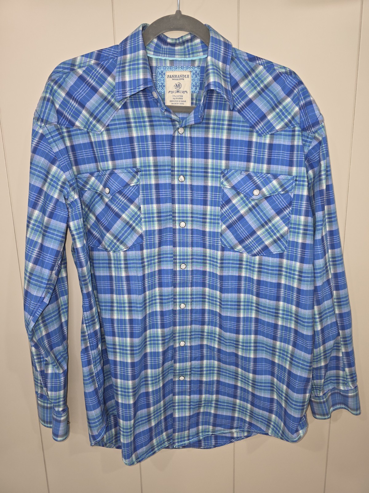 Pangandle Mens Long Sleeve Blue Plaid Pearl Snap Button Down Western Cowboy Med
