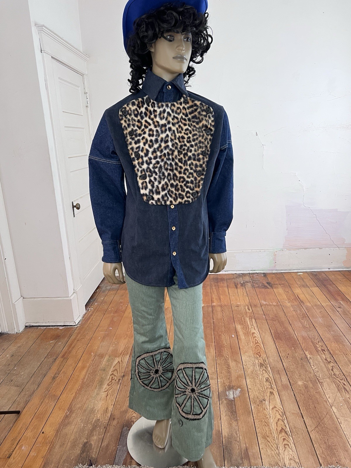 Western Bib Shirt Cheetah & Denim By A Herman USA L US Seller