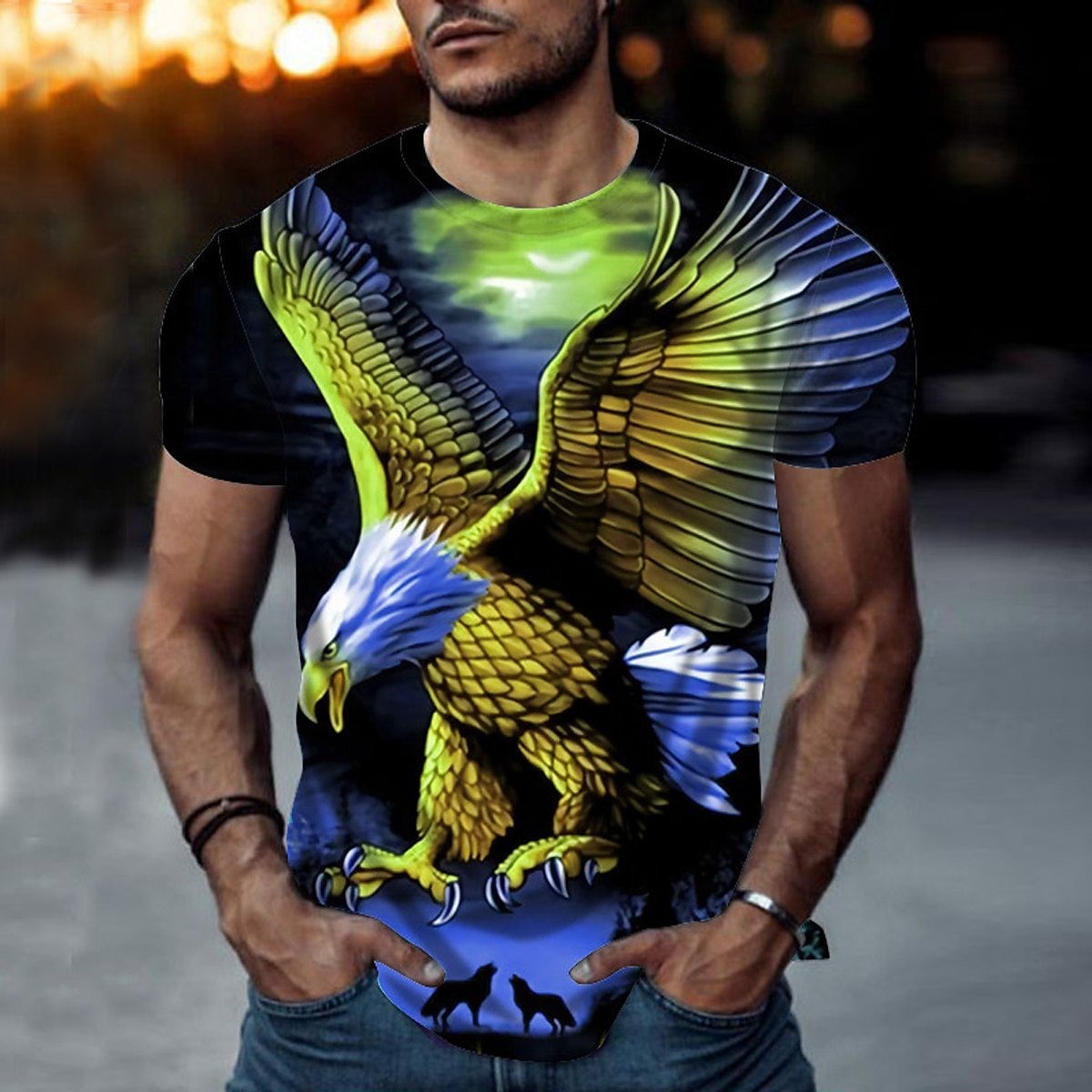 Streetwear style black men’s tiger pattern crew neck printed T-shirt