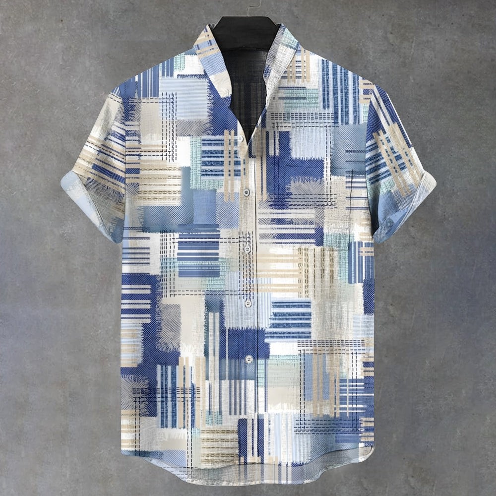 Blue Bohemian Patchwork Pattern Short Sleeved Shirt 241100849