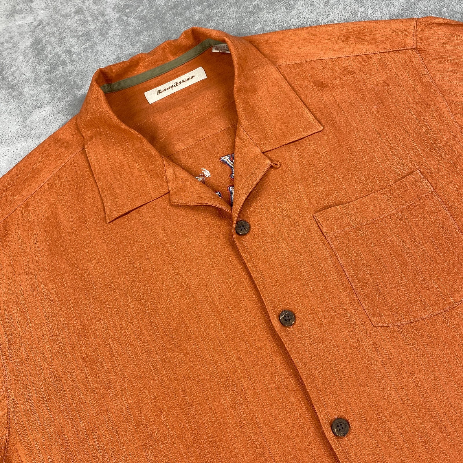 Tommy Bahama Camp Shirt Men XL Orange Silk Side Slit Hawaiian Tropical Football