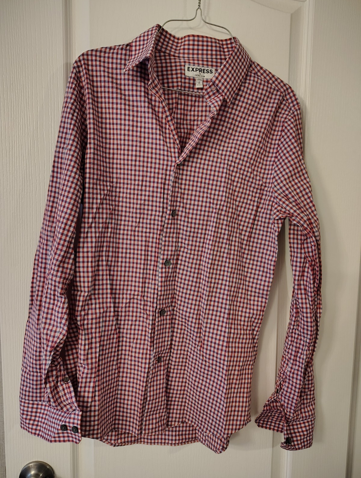 Express Men’s S Slim Cotton Woven Check Button-Up Shirt Red Blue White