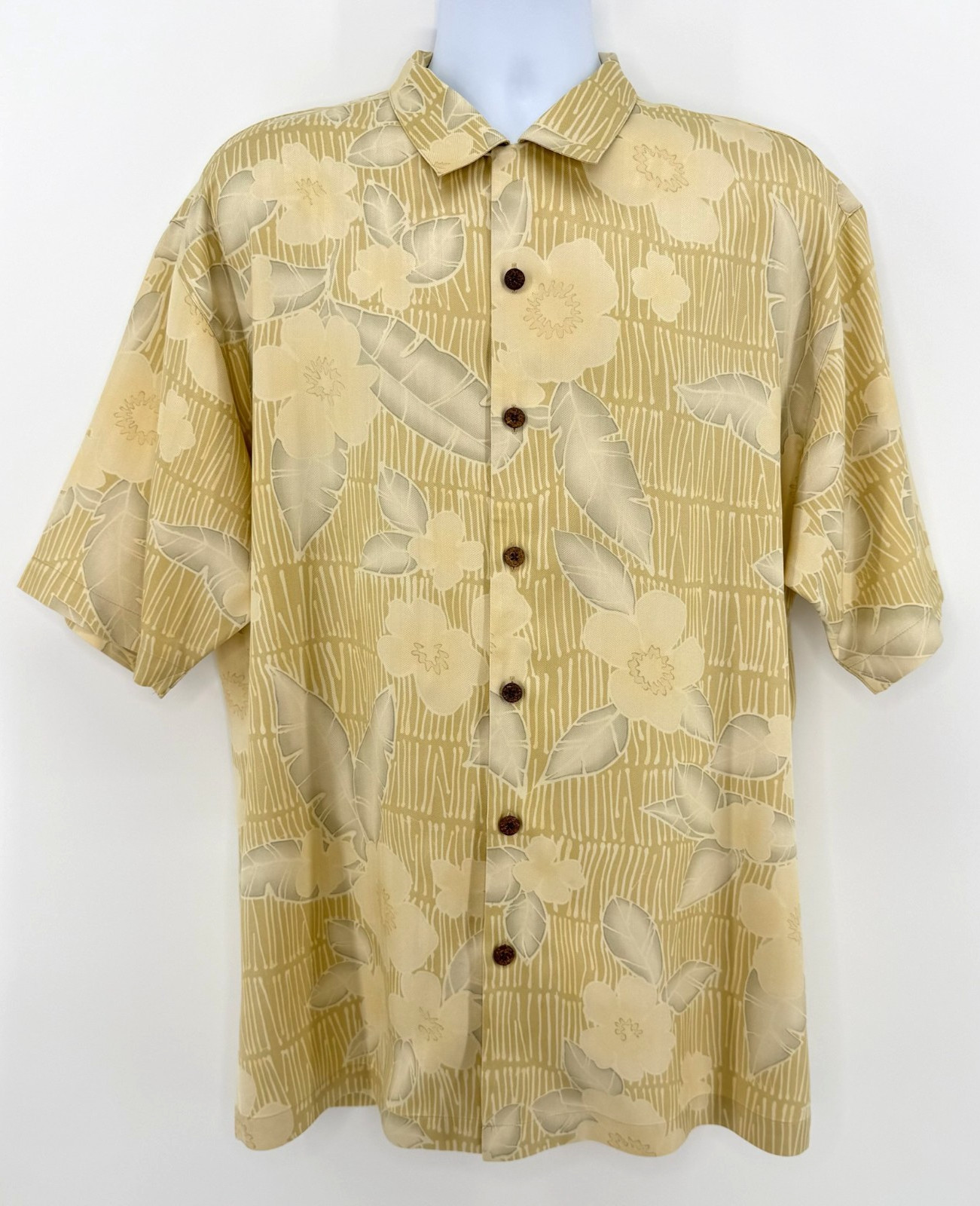 Tommy Bahama Silk Hawaiian Camp Shirt Mens L Beige/Yellow Floral Tropical Aloha