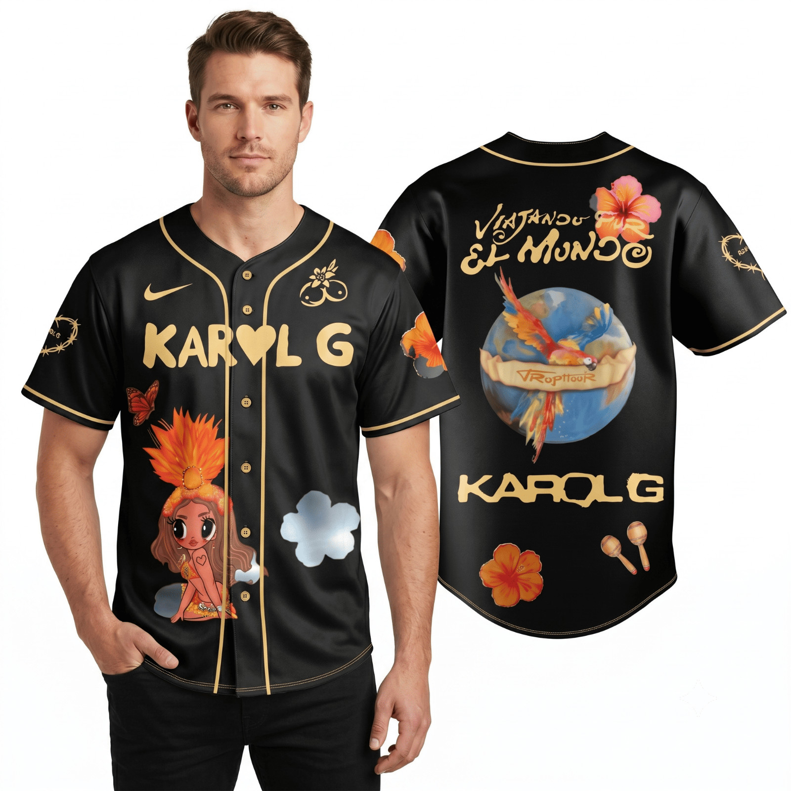 Karol G Viajando Por El Mundo Black Gold Baseball Jersey Music Fan Gift