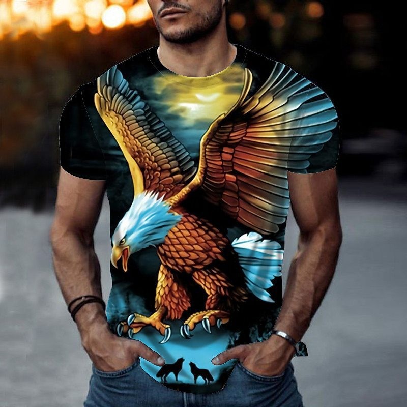 Streetwear style black men’s tiger pattern crew neck printed T-shirt