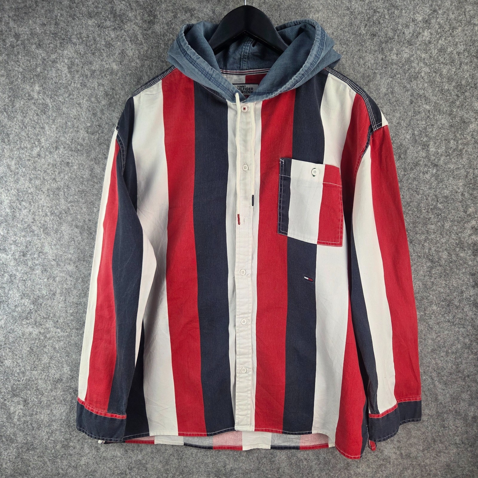 Tommy Hilfiger Shirt Mens Large Blue Red Denim Hood Button Up Long Sleeve 14535