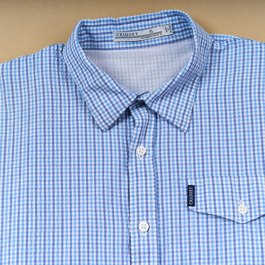 Criquet Shirt Blue Check Seersucker Vented Casual Button Fishing Short Sleeve XL