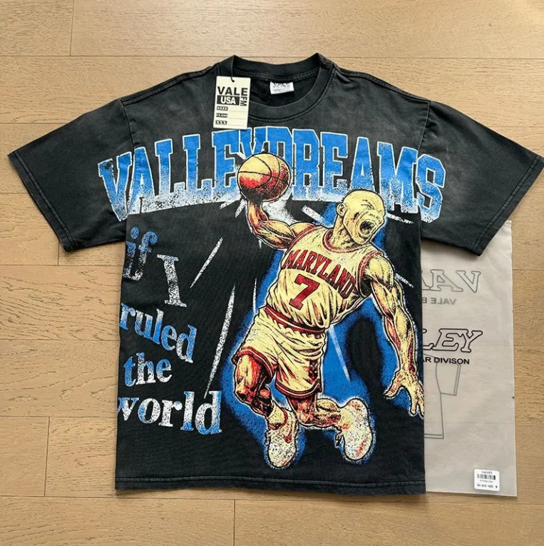 Vale Forever basketball print Short sleeve Mens loose and casual washed T-shirt