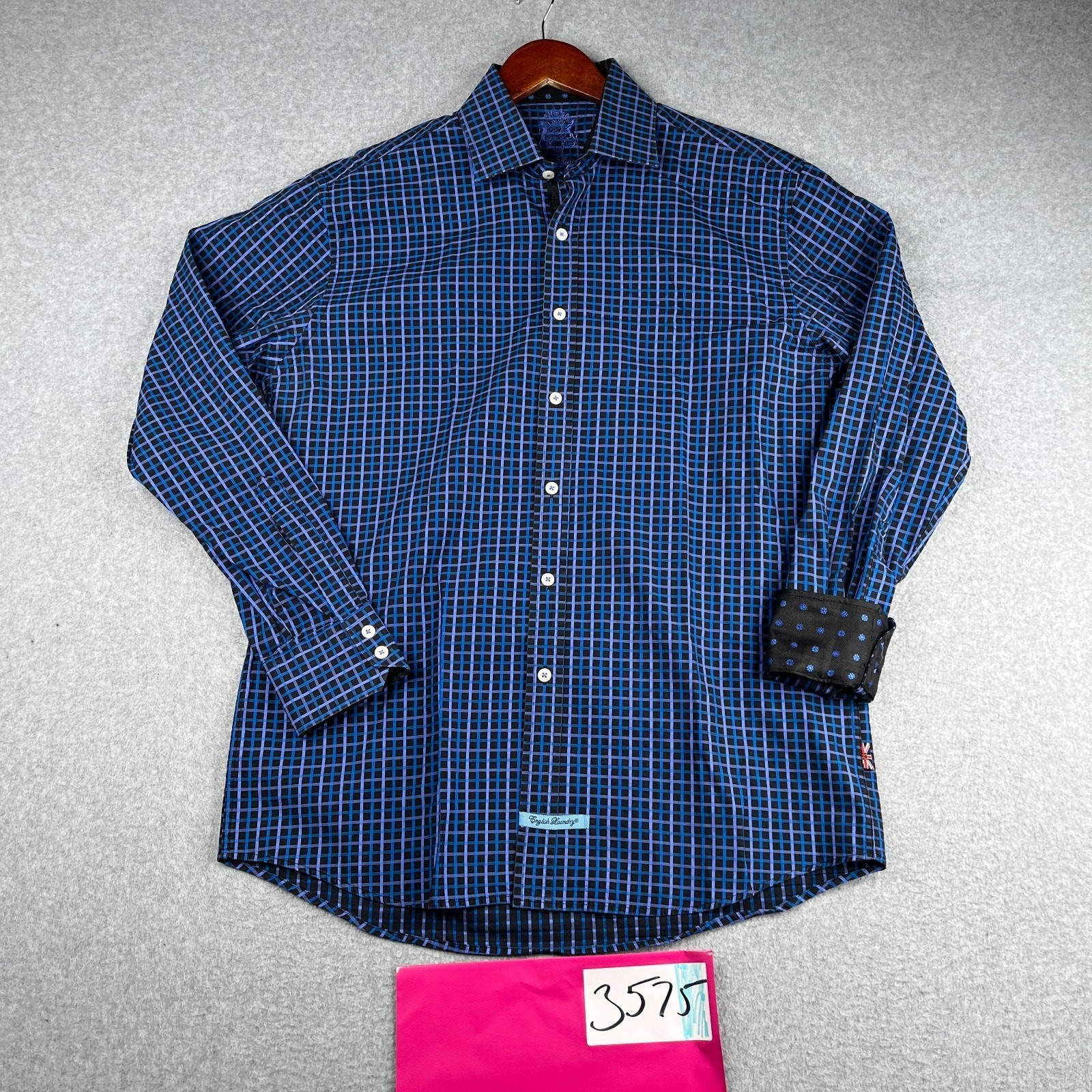 English Laundry Shirt 16 Black Blue Check Flip Cuff Button Up Long Sleeve Mens